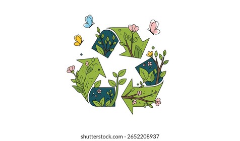 Símbolo de Reciclagem Sustentável Adornado com Verduras Exuberantes e Borboletas Delicadas Promovendo a Consciência Ambiental e Renovação
