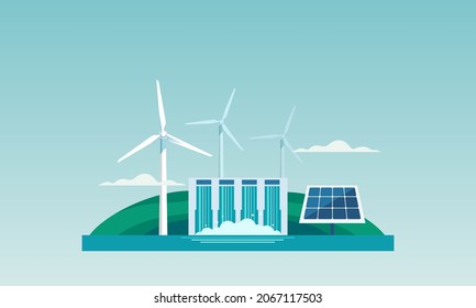 Sustainable renewable energy, hydroelectric power plants Wind turbines and solar panels environmentally friendly vector illustration