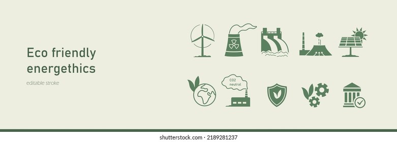 sustainable and renewable energy icons. infographic of wind, solar sun, hydroelectric water, nuclear, geothermal power. simple minimal eco friendly energetic vector symbol logo set.