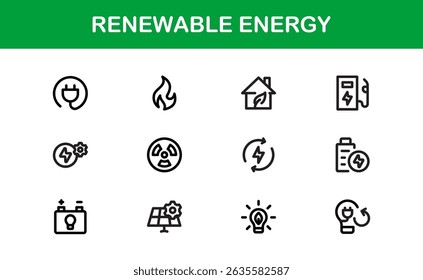 Sustainable and Renewable Energy Icons Showcasing Solar Panels, Wind Turbines, Eco Power, and Clean Electricity in a Professional Vector Design