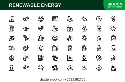 Sustainable and Renewable Energy Icons Showcasing Solar Panels, Wind Turbines, Eco Power, and Clean Electricity in a Professional Vector Design