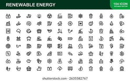 Sustainable and Renewable Energy Icons Showcasing Solar Panels, Wind Turbines, Eco Power, and Clean Electricity in a Professional Vector Design