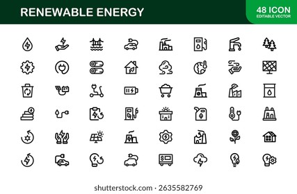 Sustainable and Renewable Energy Icons Showcasing Solar Panels, Wind Turbines, Eco Power, and Clean Electricity in a Professional Vector Design