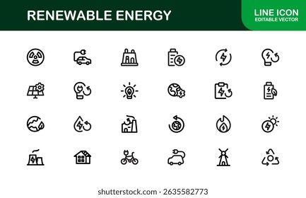 Sustainable and Renewable Energy Icons Showcasing Solar Panels, Wind Turbines, Eco Power, and Clean Electricity in a Professional Vector Design