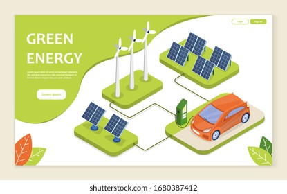 Sustainable And Renewable Green Energy Concept With An Electric Car Charging At A Charge Point, Wind Turbines Utilising Kinetic Energy And Photovoltaic Solar Panels Utilising The Sun