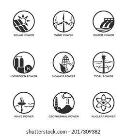 Sustainable and renewable power icon set. green energy icons. eco friendly and alternative power symbols. isolated vector round images
