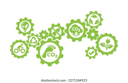 Sustainable, renewable recourses, carbon footprint in gear vector template. Ecology, global warming environment symbols and icons in  gears mechanism banner.