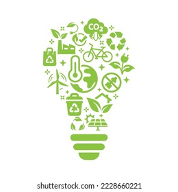 Sustainable, renewable recourses vector template. Ecology, global warming environment symbols and icons in lightbulb.