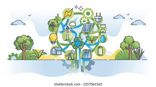 Concepto de esquema de gestión sostenible de los recursos para la sociedad ambiental. Enfoque ecológico y respetuoso con la naturaleza de la producción de electricidad y energía a partir de fuentes alternativas de ilustración vectorial.