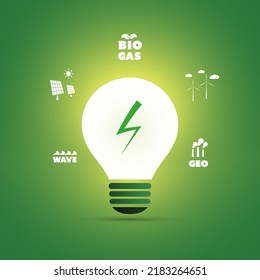 Sustainable Resources, Renewable, Reusable Green Energy Concept with Bright Glowing Light Bulb and Symbols of Various Alternative Power Generation Methods Around-Illustration in Editable Vector Format