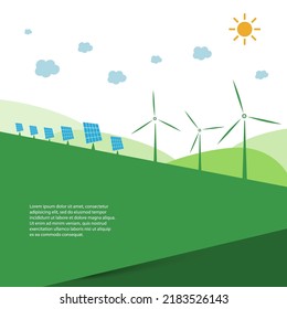 Sustainable Resources, Renewable, Reusable Green Energy Concept with Solar Panels and Wind Turbines - Alternative Power Generation Methods Concept Design - Illustration in Editable Vector Format