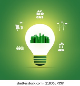 Sustainable Resources, Renewable, Reusable Green Energy Concept with Smart City Symbol in Bright Glowing Light Bulb, Alternative Power Generation Methods Around - llustration in Editable Vector Format