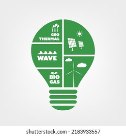 Sustainable Resources, Renewable, Reusable Green Energy Concept with Light Bulb and Symbols of Various Alternative Smart Power Generation Methods Inside - Illustration in Editable Vector Format