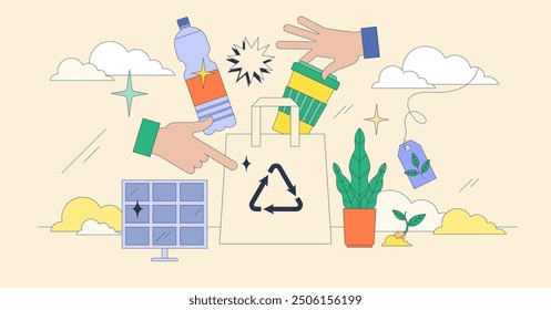 Concepto de neutralismo diminuto de elección de productos sostenibles y ambientales. Tienda minorista reutilizable y orgánica para la Ilustración vectorial de estilo de vida ecológico y respetuoso con la naturaleza. Comprar responsable.