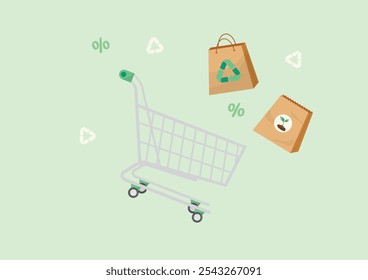 Carrinho de Compras Sustentável com Sacos Ecológicos. Produtos Sem Plástico. Compra ecologicamente correta. Contratos públicos ecológicos. Compras éticas. Compras Com Baixo Teor De Resíduos. Ilustração vetorial