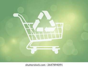 Sustainable shopping cart with recycling symbol on green background. Eco-friendly consumer concept illustration perfect for environmental retail campaigns and green commerce presentations. Vector