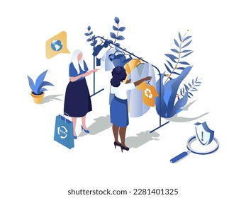 Sustainable shopping concept 3d isometric web scene. People choosing environmentally friendly shop and buying eco clothes with recycling fabric textile. Vector illustration in isometry graphic design