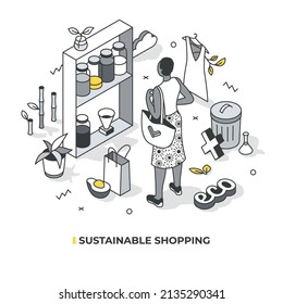 Sustainable shopping concept. African American woman with reusable bag buying eco products without plastic packaging and zero waste. Isometric vector illustration with isolated objects