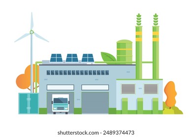 Sustainable Smart Green Factory building illustration, vector elements for city and industry illustration. flat style and front view