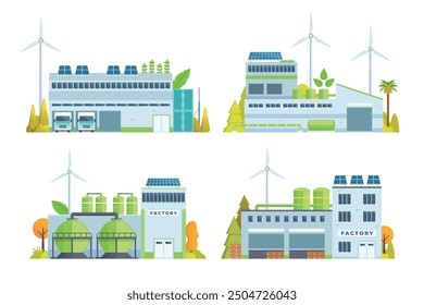 Nachhaltige Smart Green Factory Gebäude Illustration, Vektorelemente für Stadt und Industrie Illustration. flacher Stil und Vorderansicht