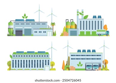 Sustainable Smart Green Factory building illustration, vector elements for city and industry illustration. flat style and front view