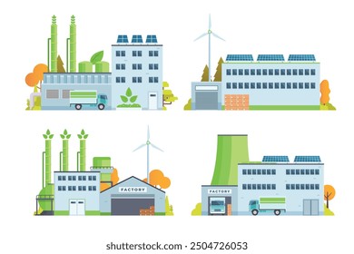 Sustainable Smart Green Factory building illustration, vector elements for city and industry illustration. flat style and front view