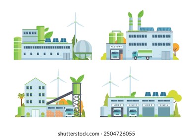 Ilustración verde inteligente sostenible del edificio de la fábrica, Elementos del Vector para la ilustración de la ciudad y de la industria