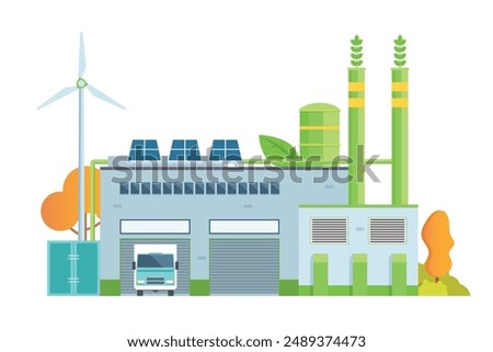 Sustainable Smart Green Factory building illustration, vector elements for city and industry illustration. flat style and front view