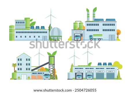 Sustainable Smart Green Factory building illustration, vector elements for city and industry illustration. flat style and front view