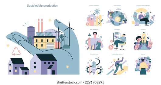 Sociedad y conjunto de negocios sostenibles. ESG, producción sostenible y desarrollo económico. Responsabilidad ambiental, social y empresarial. Ilustración vectorial plana