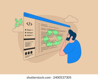 El Desarrollo de Software Sostenible integra ciencia climática, ingeniería de software y hardware para aplicaciones ecológicas. Desarrollo de software de carbono y eficiencia energética. Ilustración del vector