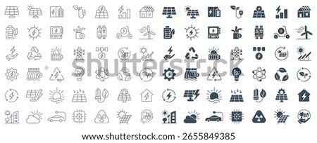 Sustainable, Solar Energy Icon Set Vector | Solar Power Grid, Renewable Technology Collection, solar panel | Sun, panel, battery, pylon, wind, hydro, smart home, outline and glyph icons illustration