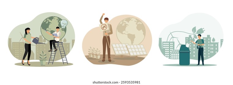 Sustainable Solutions Depicted with Eco Friendly Actions and Green Innovation. Environmental activism with an individual promoting renewable energy solutions. Man recycling in a city themed. 
