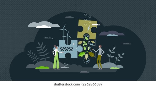 Sustainable solutions and ecological items combination tiny person concept. Nature friendly power, renewable material usage and resources saving as guidelines for planet climate vector illustration.