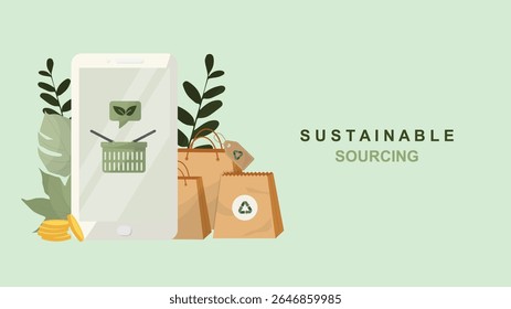 Conceito de abastecimento sustentável com embalagens ecológicas e sacos de compras recicláveis cercados por plantas. Cadeia de abastecimento ecológica e contratos públicos ambientais. Estilo plano. Ilustração vetorial