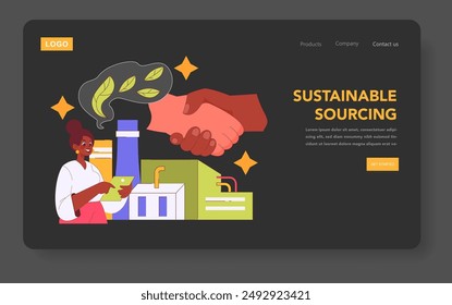 Sustainable Sourcing concept. Eco-friendly practices in business illustrated by a handshake, factory, and green thinking. Ethical procurement and environmental protection. Vector illustration.