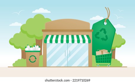 sustainable store with green shopping cart and reusable packaging bin on tree background illustration vector
