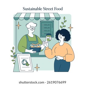 Sustainable street food promotes eco-friendly practices within the food industry. Vendors engage with customers, offering delicious meals while prioritizing waste reduction and responsible sourcing