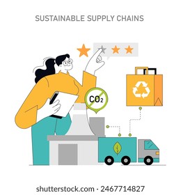 Sustainable Supply Chains concept An expert evaluates eco-friendly logistics to reduce carbon footprint Strategic planning for greener transportation Vector illustration