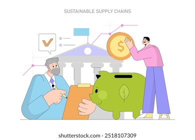 Sustainable Supply Chains concept. Professionals working towards eco-friendly economic growth. Investment in green business, responsible banking. Vector illustration.