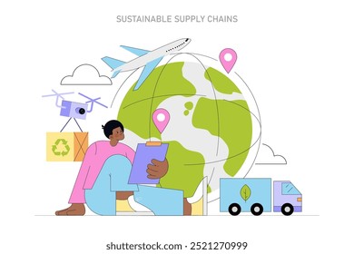 Sustainable Supply Chains concept. A strategic approach to create environmentally-conscious logistics. Eco-friendly shipping, recycling, and drone delivery. Vector illustration.