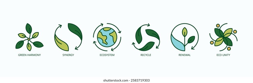 Sustainable Synergy Icon Set Isolated Vector With Icon Of Green Harmony, Synergy, Ecosystem, Recycle, Renewal, Eco Unity In Outline Color Style