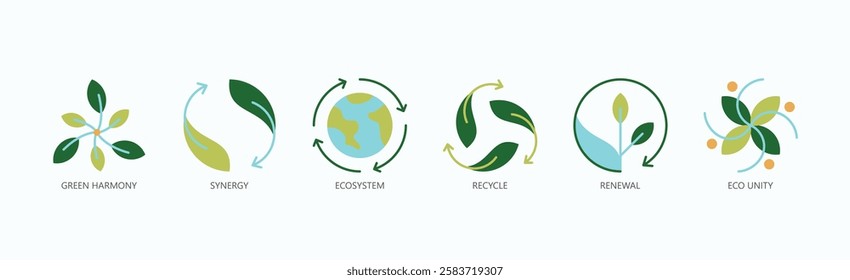 Sustainable Synergy Icon Set Isolated Vector With Icon Of Green Harmony, Synergy, Ecosystem, Recycle, Renewal, Eco Unity In Flat Style