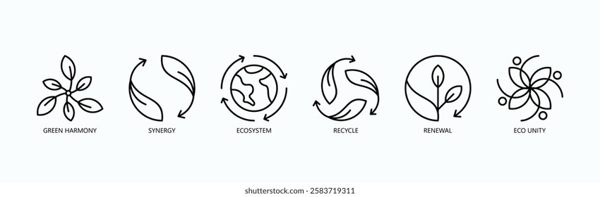 Sustainable Synergy Icon Set Isolated Vector With Icon Of Green Harmony, Synergy, Ecosystem, Recycle, Renewal, Eco Unity In Outline Style