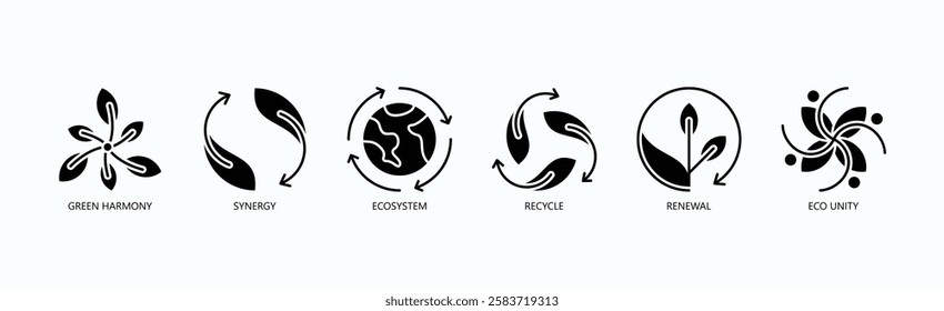 Sustainable Synergy Icon Set Isolated Vector With Icon Of Green Harmony, Synergy, Ecosystem, Recycle, Renewal, Eco Unity In Glyph Style