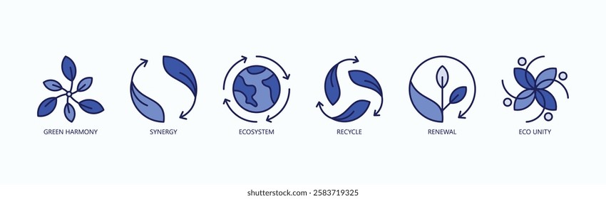 Sustainable Synergy Icon Set Isolated Vector With Icon Of Green Harmony, Synergy, Ecosystem, Recycle, Renewal, Eco Unity In Blue Style