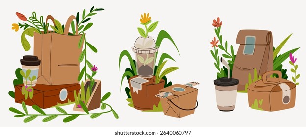 Sustainable takeaway paper package with botanical elements - coffee cups, food containers, shopping bags decorated with plants, flowers and leaves. Eco friendly kraft packaging for green businesses.