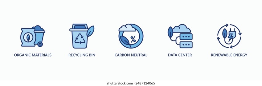 Nachhaltige Technologie Banner Web Icon Vektorillustration Concept mit Icon of Organic Materials, Recycling Bin, Carbon Neutral, Rechenzentrum, Erneuerbare Energien