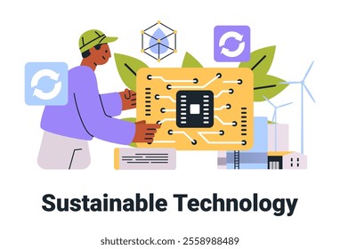 Sustainable technology concept with person holding circuit board surrounded by eco-friendly symbols wind turbines and leaves