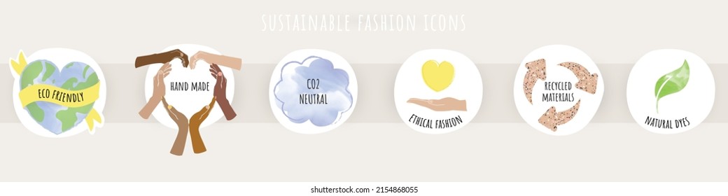 Sustainable Textile, Slow Fashion, Eco Friendly Vector Icons And Symbols. Concept Of Co2 Neutral Responsible Manufacturing, Hand Made Fabric, Natural Dye Clothing, Recycling Ethical Fashion, Fair Wage